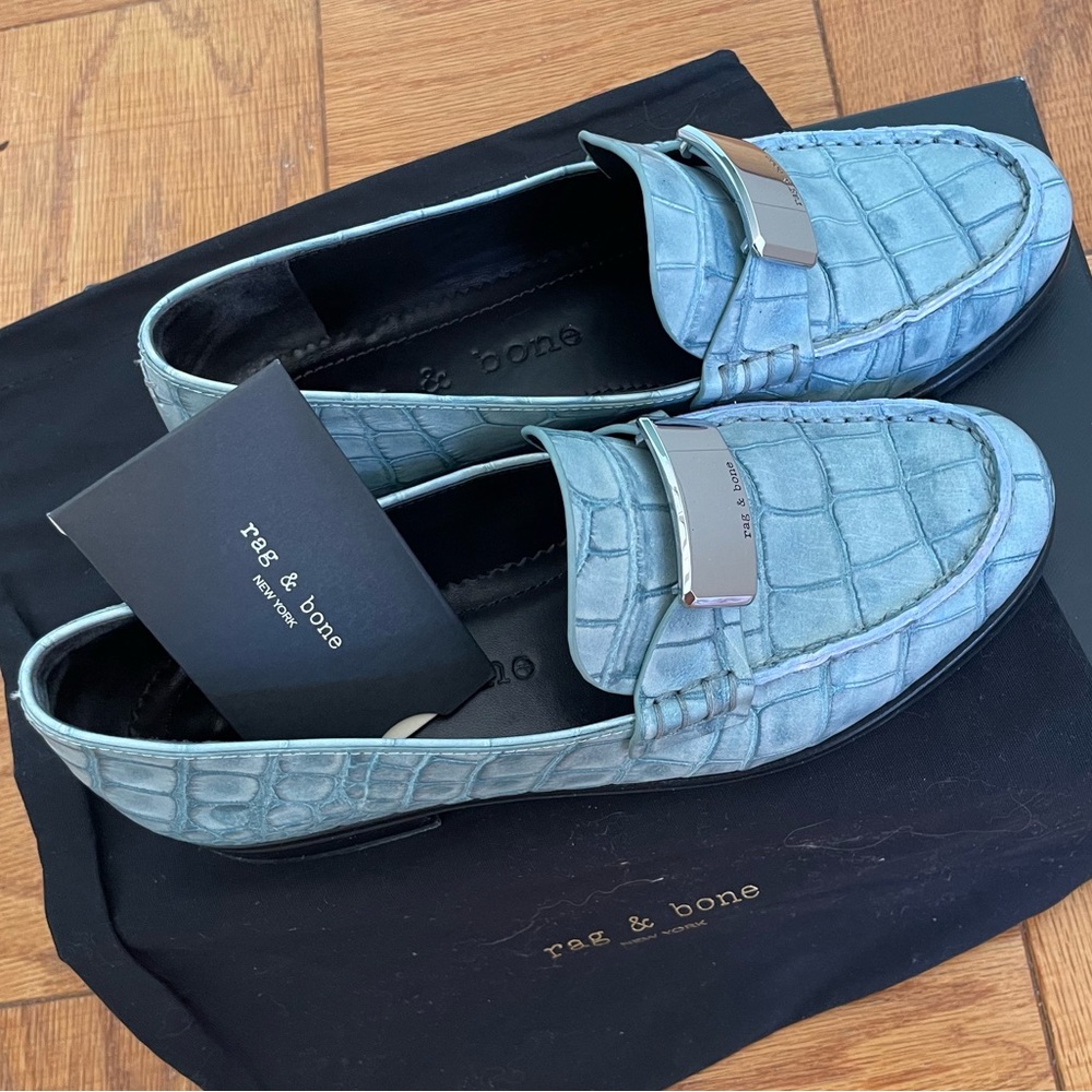 rag and bone loafers in light blue leather with silver buckle and black … - Picture 3 of 16